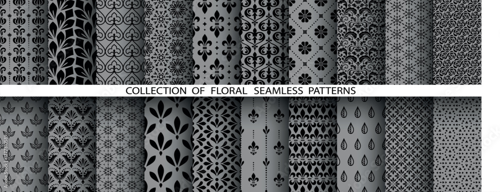 Poster geometric floral set of seamless patterns. gray and black vector backgrounds. damask graphic ornamen