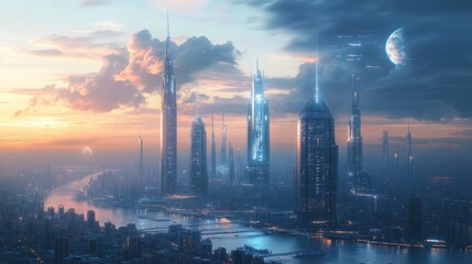 Naklejka premium Stunning futuristic city skyline at sunset, featuring skyscrapers and glowing lights, with a river flowing through the metropolis