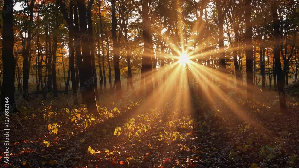 Poster Sunlight filtering through autumn forest with golden leaves and rays creating a magical atmosphere. Peaceful nature and tranquility concept