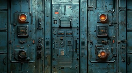 A weathered blue control panel with glowing dials and switches in a dimly lit industrial setting