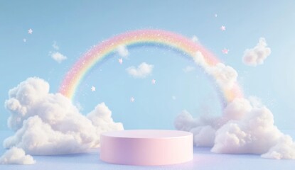 Pastel pink podium, clouds, rainbow, stars, sky, product display, fantasy background