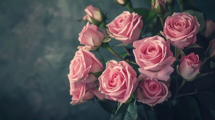 Romantic bouquet of pink roses on a dark backdrop with a soft vintage aura, evoking the timeless grace of an old painting