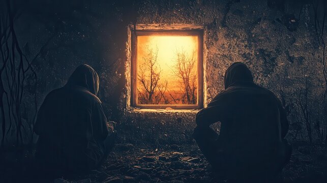 Five of Pentacles tarot card, two struggling figures outside a lit window, symbolizing financial hardship, loss, and perseverance, deeply emotional composition