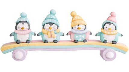 Naklejka premium Adorable Penguins on a Pastel Rainbow Seesaw 3D Rendered Winter Illustration.