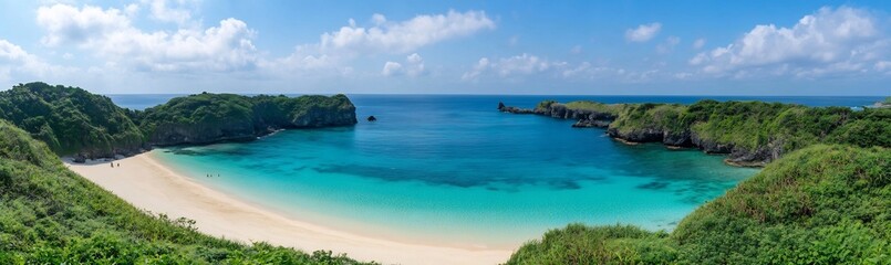 Fototapeta premium Serene panorama view of tropical beach cove with blue water, cliffs & sky