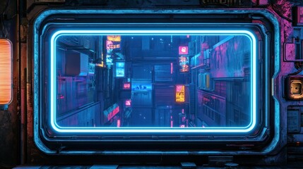 Obraz premium Futuristic cityscape viewed through a neon-lit window showcasing vibrant urban life at night