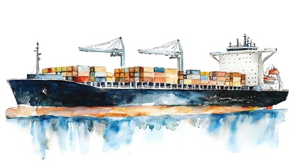Fototapeta premium Watercolor Painting of a Container Ship at Sea.