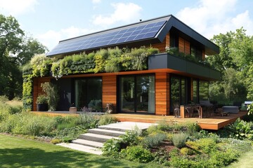 Modern eco-friendly house with solar panels and green roof surrounded by vegetation