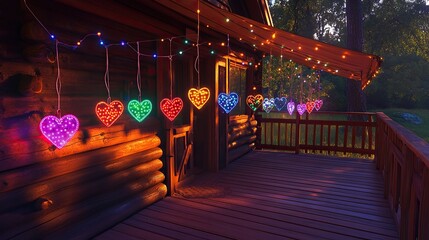 Naklejka premium A cozy eco-cabin porch with heart-shaped suncatchers dangling from the awning