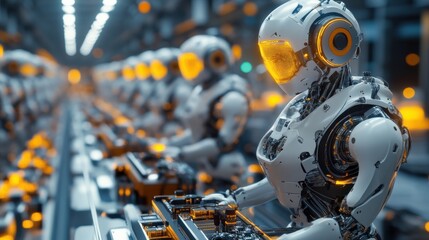 Fototapeta premium Futuristic Robots Working in a High-Tech City Environment with Neon Lights and Advanced Technology