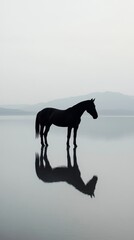 Silhouette of a horse reflecting in tranquil water at dusk