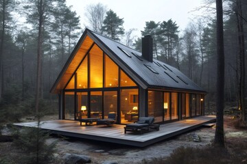 Obraz premium Modern cabin with large windows illuminating the forest at dusk