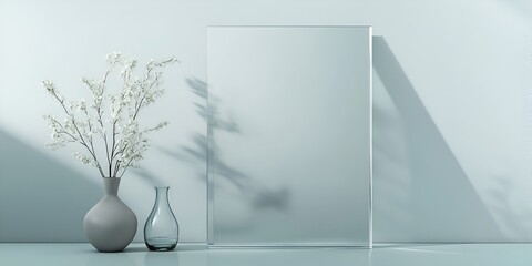 A glass rectangle mockup on the wall of an empty room with soft lighting and a vase with flowers