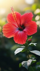 Radiant Hibiscus Blossom Unveiling its Beauty Against a Lush Green Backdrop in a Serene Garden Setting