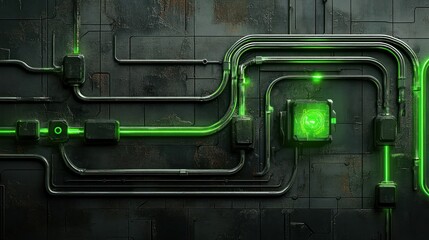 Obraz premium Abstract industrial background with glowing green pipes and connectors on a dark textured wall