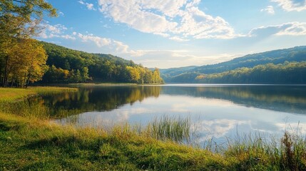 Fototapeta premium A calm, peaceful landscape with a lake and mountains.