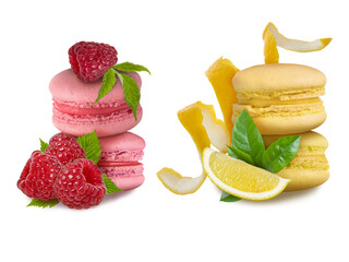 Macaroon almond cookies group with raspberry and lemon isolated on white background