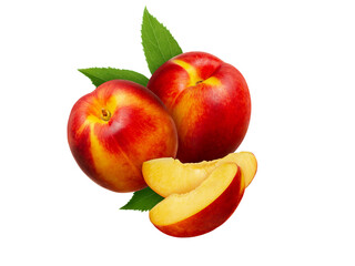 Nectarine or peach whole, half and slices with leaves isolated on white background


