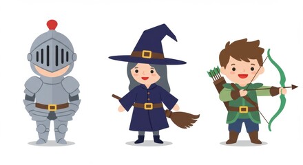 Cute medieval characters: knight, witch, and archer in cartoon style