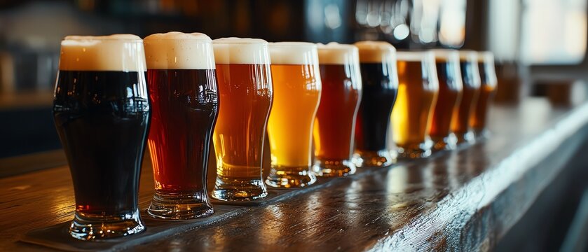 Assorted beers lined up on a bar counter.