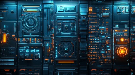 Fototapeta premium Futuristic control panel with glowing blue and orange lights, showcasing advanced technology in a sci-fi setting