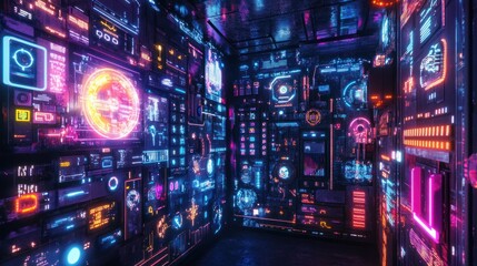 Obraz premium Futuristic control room with vibrant neon lights and digital screens showcasing technology