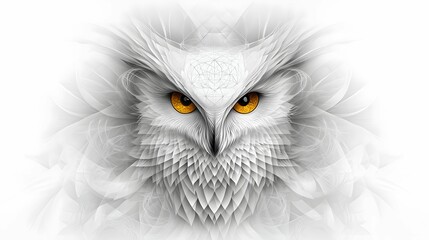 A striking, artistic depiction of a white owl with piercing yellow eyes, emphasizing its detailed feathers against a soft, light background.
