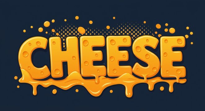 Cheese text design with melting effect and splash elements on dark background