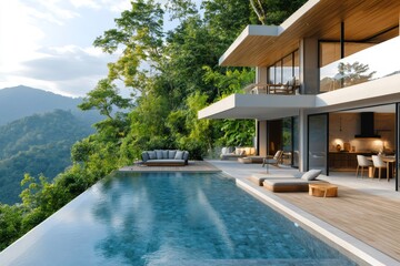Fototapeta premium Modern house with infinity pool overlooking tropical forest