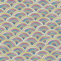 Fish scale seamless pattern in CMYK colors. Mosaic of multicolored tiles in the form of an arch. Abstract repeating background. Rainbow hand-drawn vector illustration.