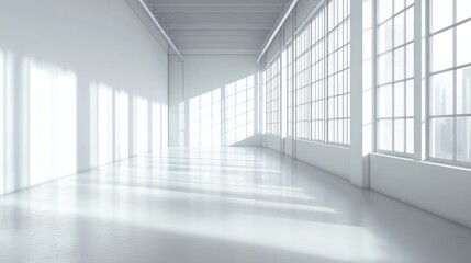 A long, white corridor with large windows and sunlight streaming in.  Clean and minimalist aesthetic.