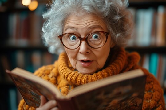 Surprised senior woman reading interesting book in library - Powered by Adobe