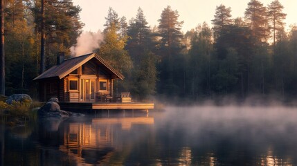 Fototapeta premium Cozy wooden cabin reflecting in a misty lake at sunrise in a forest