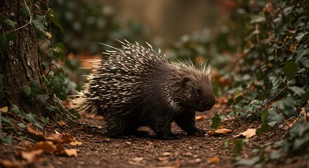 Obraz premium Porcupine Walking Through Forest Path Ground Leaves and Greenery