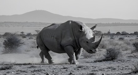 Fototapeta premium Powerful Rhino Charging Across the African Plains in Black and White