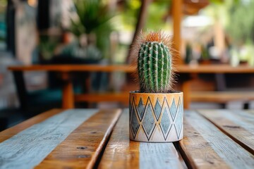 A charming, rustic-inspired setting where a small cactus sits in a geometric planter atop a wooden striped table.