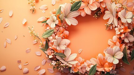 A beautifully crafted floral wreath made of vibrant flowers and delicate petals, set against a warm and textured background, perfect for nature, celebration, and decorative themes.