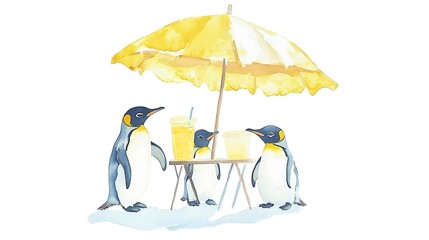 Obraz premium Three Penguins Enjoying Refreshments Under a Yellow Beach Umbrella.