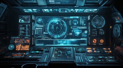 Fototapeta premium Futuristic control panel displaying advanced technology with glowing interfaces and data readouts