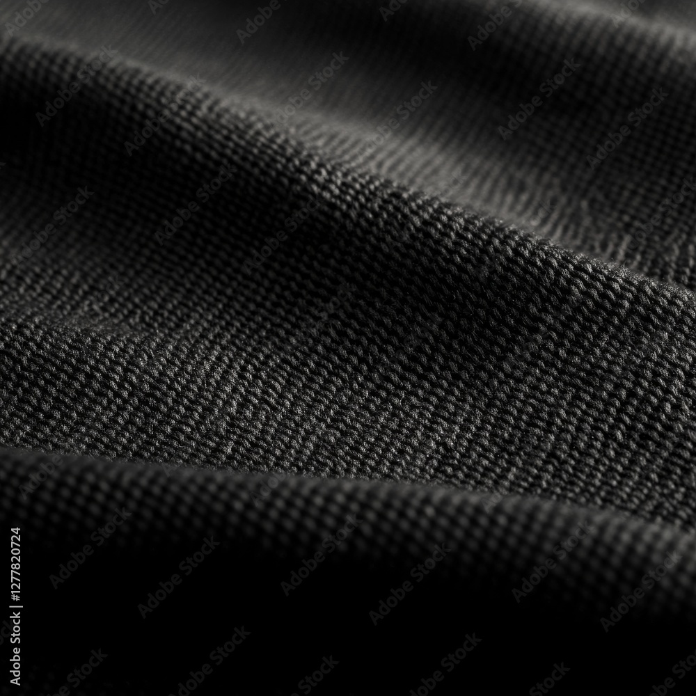 Poster dark textured fabric close-up: detailed shot of a woven material with soft folds and intricate weave