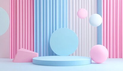 Pastel-colored platform, spheres, studio backdrop