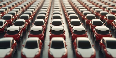 A large number of cars lined up in rows, with the background being the same color as that 
