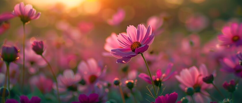Breathtaking vibrant cosmos flower field in full bloom amid a lush, sunlit countryside under a dramatic sky - Powered by Adobe