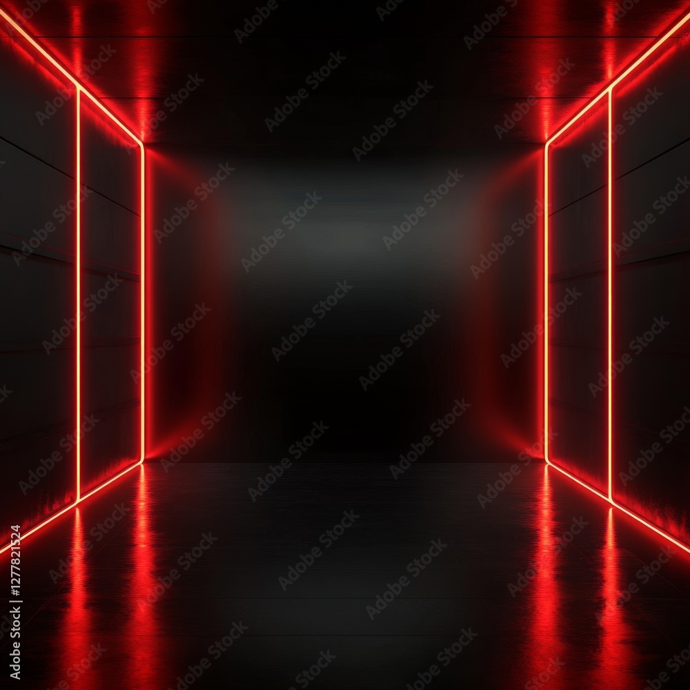 Poster neon red corridor: a dark futuristic tunnel with glowing lines and reflections