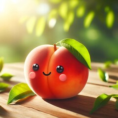 A bright peach with cartoon eyes and a smile, surrounded by fresh leaves and peach slices on a rustic table.