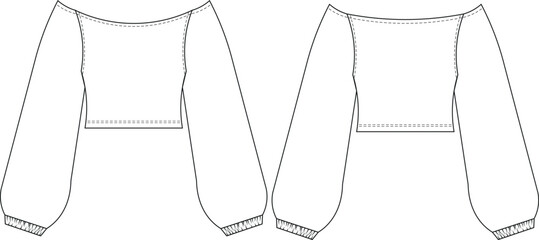 off the shoulder boat neck ballon neck long sleeve elastic banded cuff cropped crop elastic blouse top template technical drawing flat sketch cad mockup fashion woman design style model 
