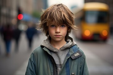 Fototapeta premium A young boy with a hoodie on stands in front of a yellow bus