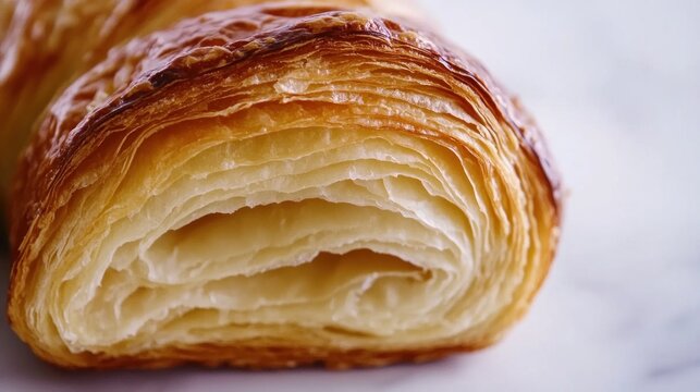 Golden-brown pastry, flaky layers, marble background, close-up, food photography
