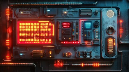 Futuristic control panel with glowing buttons and screens, set against a dark industrial backdrop