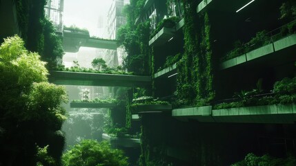 Lush Urban Oasis Vertical Gardens Flourishing Amidst Modern Architecture in a Green Environment